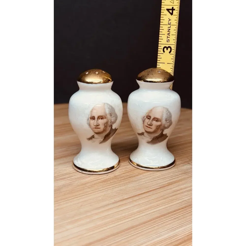Vintage George Washington Portrait Salt & Pepper Shakers Gold Trim Ceramic